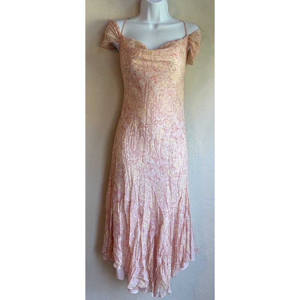 Vintage Y2K Express 100% Silk Midi Dress 5 6 Asymmetrical Fairy Cowl Paisley